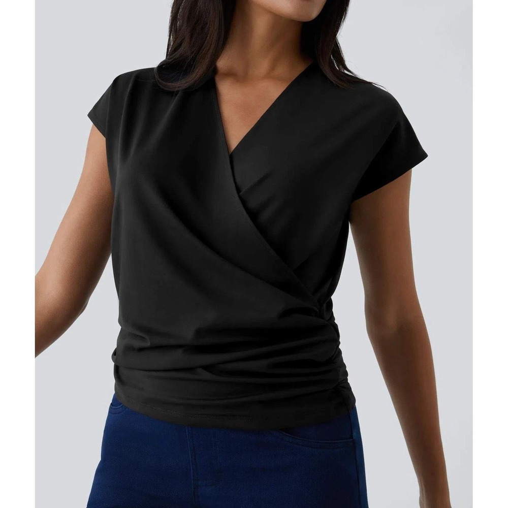 Halara Surplice Faux Wrap Ruched Top Womens Size M Black V-Neck Stretch Active